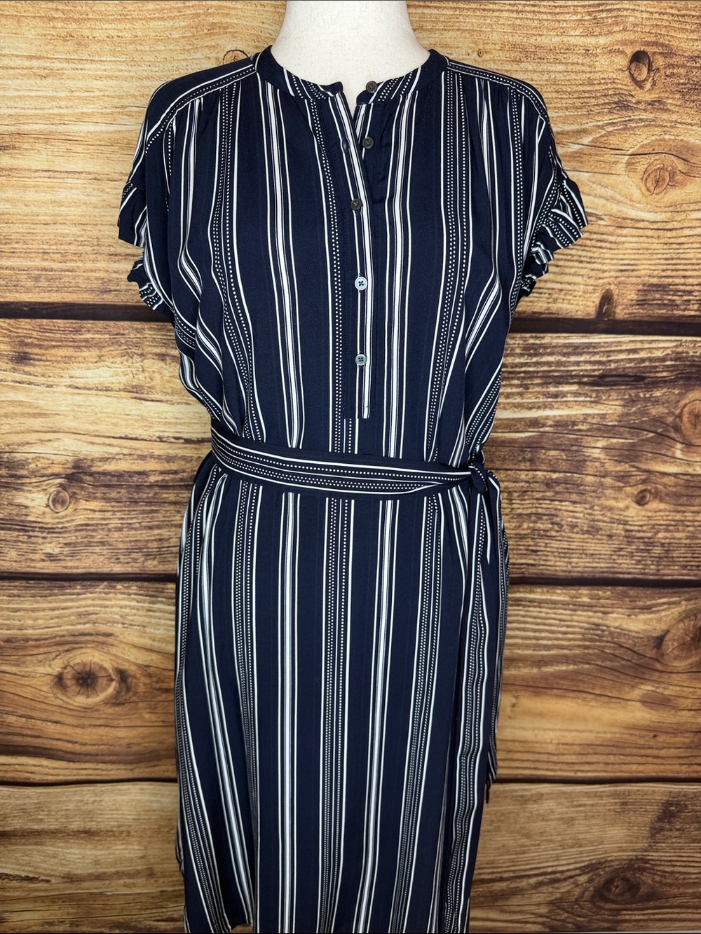 LOFT Navy & White Vertical Stripe Belted Midi Dress